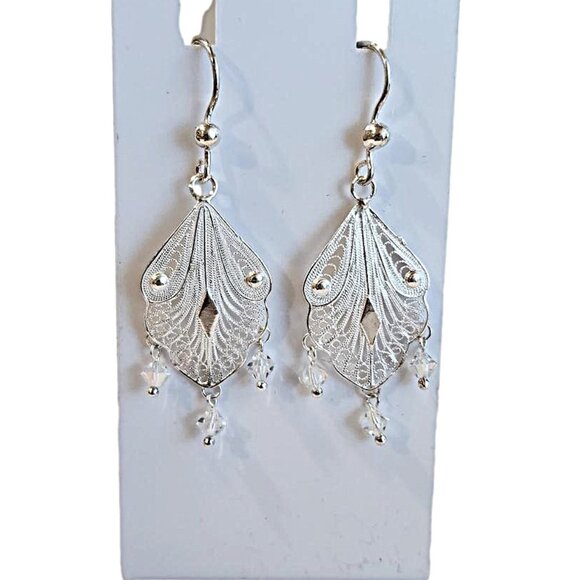 Sterling Silver Pair of Filigree Drop Earrings Featuring 3 Crystals Each. New! - Picture 2 of 2